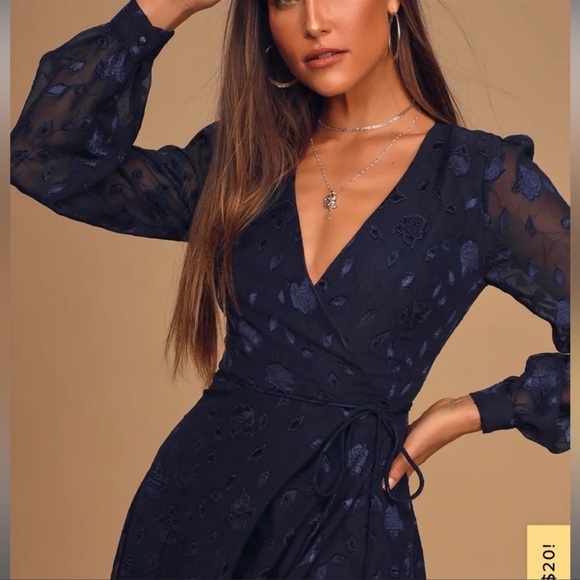 Lulus Evening of Elegance Navy Blue Floral Jacquard Wrap Midi Dress - Picture 2 of 14